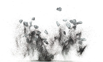 Silver ore nugget fly fall from Mining float in air. Many pieces silver nugget ore explosion with...