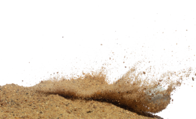 Golf ball explode from sand bunker. Golfer hit ball with club to sand explosion to green. Golf club hit ball in sand bunker explosion. White background isolated freeze motion