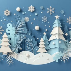 Winter blue Christmas background Xmas modern design set in paper cut style with Christmas tree pine branches Usable for social media, banner space for copy created with generative ai	