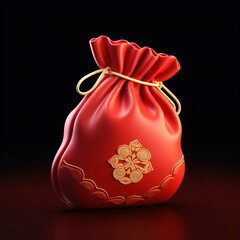 3D Spring Festival red lucky bag rendering graphics, New Year lucky bag and red envelope scene concept illustration