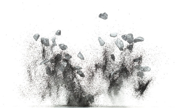 Silver ore nugget fly fall from Mining float in air. Many pieces silver nugget ore explosion with sand glitter gravel in silver Mining industry. White background Isolated throwing freeze stop motion