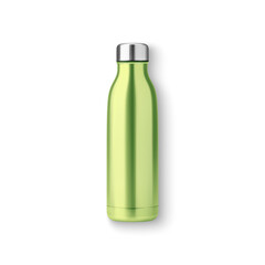 Vector Realistic 3d Green Blank Glossy Metal Reusable Water Bottle with Silver Bung Closeup Isolated on White Background. Design template of Packaging Mockup. Front View