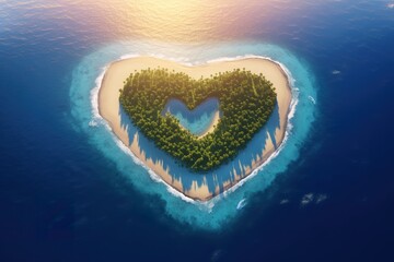Aerial sunrise view of Pacific Island in the Shape of a Heart. Love Holiday Concept