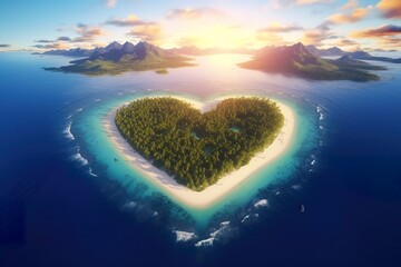 Aerial sunrise view of Pacific Island in the Shape of a Heart. Love Holiday Concept - obrazy, fototapety, plakaty