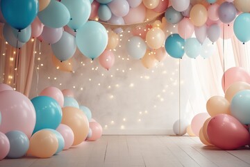 birthday background for kids, balloon garland lots of balloons with pastel, pink tones 