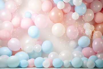 birthday background for kids, balloon garland lots of balloons with pastel, pink tones 