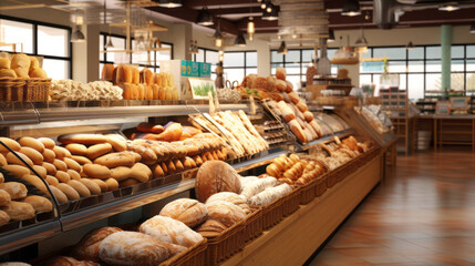 Modern bakery with different kinds of bread, cakes and buns