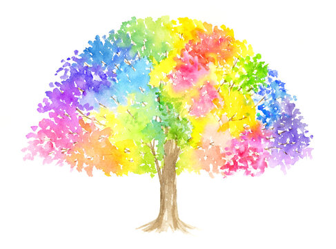水彩絵具で描いたカラフルな木　多様性の木