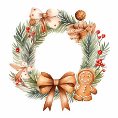 Fototapeta na wymiar Decorative Christmas wreath with pine tree branches, ginger cookies, candy cane and mistletoe. Watercolor round border