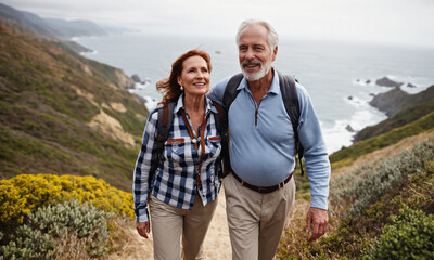 Active Senior Couple Enjoying a Scenic Hike Along the Coastline - Togetherness in Retirement