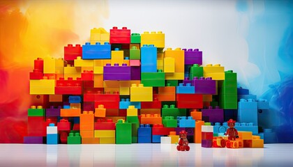 backdrop construction with colorful plastic cubes, digital overlay for child portrait
