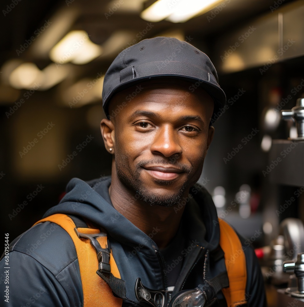 Poster black man plumber worker smiling environment generative ai