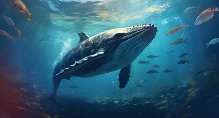 A whale swimming in the ocean with other animals - obrazy, fototapety, plakaty