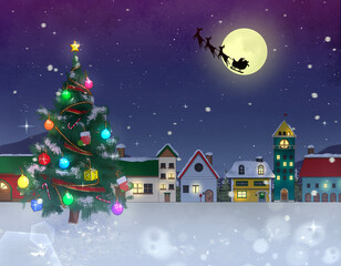 大きなクリスマスツリーのある満月のクリスマスナイト背景