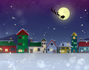 サンタが空飛ぶ満月のクリスマスナイトの背景