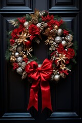 meticulously crafted  Christmas wreath hanging on a door  AI generated illustration