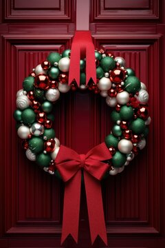 meticulously crafted  Christmas wreath hanging on a door AI generated illustration