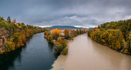 Famous La Jonction, the joint and confluence of rivers Rhone on the left and Arve on the right in...