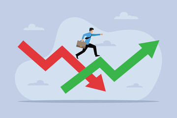 Businessman running on down and up arrows