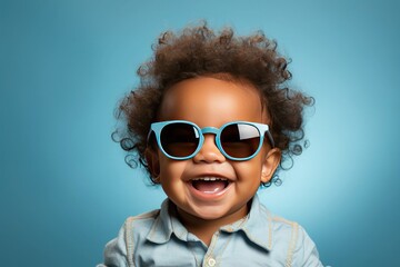 black baby with blue sunglasses and blue background