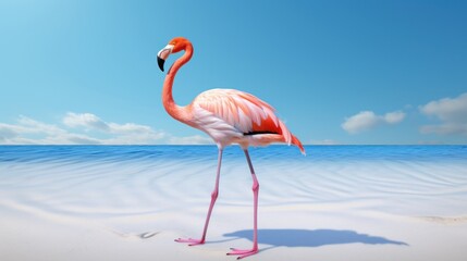 playful  model of a pink flamingo standing one-legged on white sand AI generated illustration