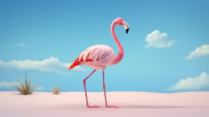 playful  model of a pink flamingo standing one-legged on white sand  AI generated illustration