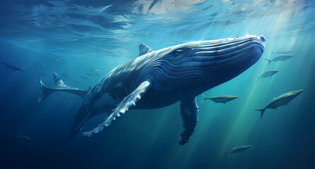 The giant whale swimming underwater under the blue sky - obrazy, fototapety, plakaty