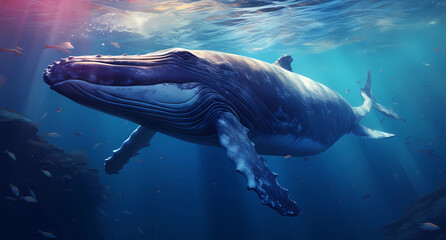 The giant whale swimming underwater under the blue sky