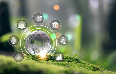 ESG icon concept on green moss for environmental, social, and governance in sustainable and ethical business on the Network connection on a green background. environmental icon, banner and copy space - obrazy, fototapety, plakaty