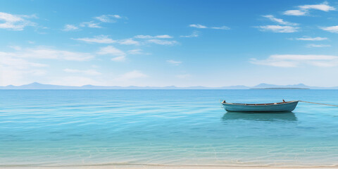 Fototapeta na wymiar Serene beach scene with a wooden boat adrift in shallow waters