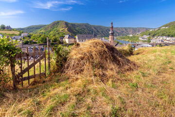 Scenic view of the old fairytale German town of Cochem and the valley on a sunny day. Germany.