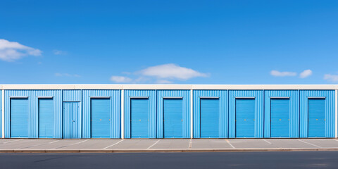 Blue shuttered storage facilities standing neatly against a clear sky