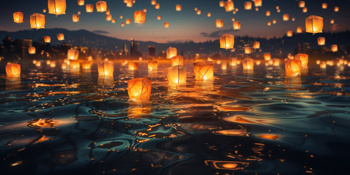 Illuminated Chinese lanterns floating on water, creating a magical night scene