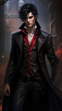 A young handsome man vampire with pale skin in a victorian black coat and red shirt 