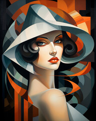 A geometric abstract painting of a woman wearing a white hat