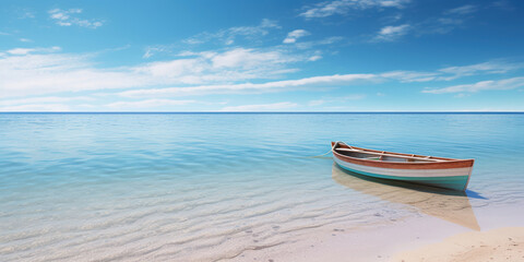 Naklejka premium Serene beach scene with a wooden boat adrift in shallow waters