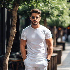 A handsome man in all white clothing and sunglasses walking down the street