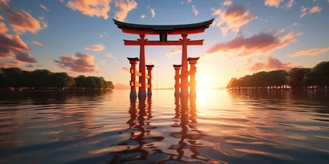 Fotobehang Torii gate stands majestically over water as the sun sets © PRI