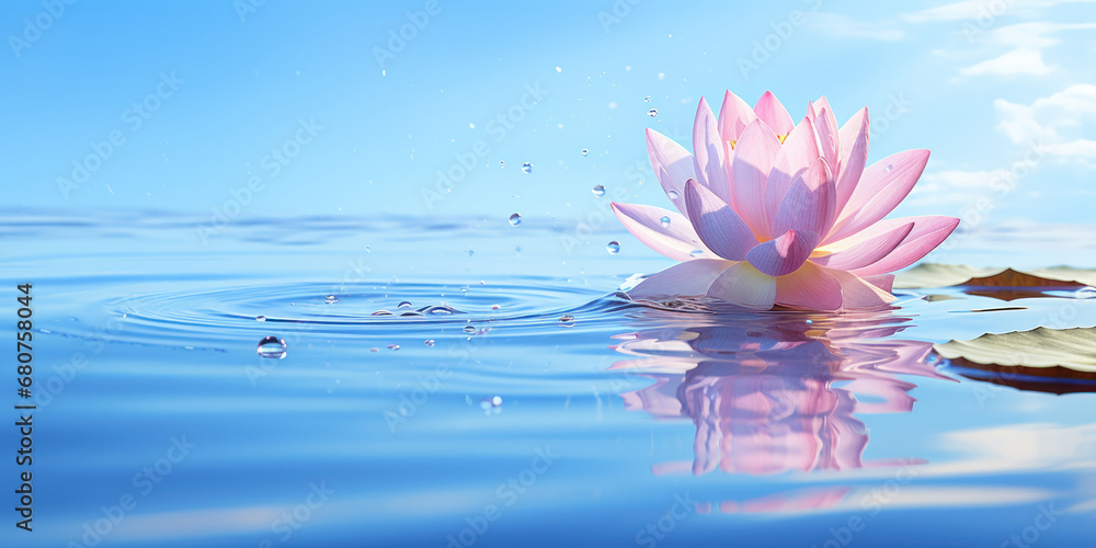 Wall mural vibrant lotus flower elegantly drifting on a bright blue water surface