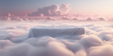 High above, a mattress lies serenely on a bed of clouds - obrazy, fototapety, plakaty