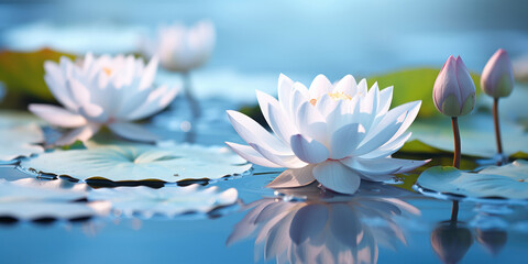 Lotus in full bloom, adrift in a tranquil, azure water body