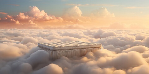 High above, a mattress lies serenely on a bed of clouds - obrazy, fototapety, plakaty