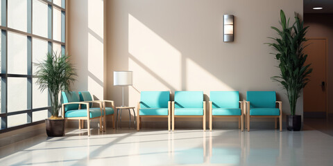 Hospital waiting area furnished with comfortable blue couches and chairs