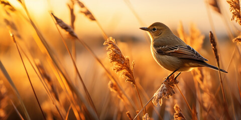 The golden hues of sunset accentuate a bird nestled in tall grass - obrazy, fototapety, plakaty
