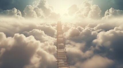 Three-dimensional ladder of success climbing through the clouds  -  AI generated illustration