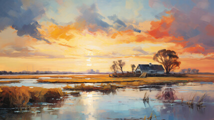 An impressionist oil painting of a sunset over a marsh - obrazy, fototapety, plakaty
