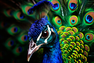 A close up of a peacock with its feathers spread out