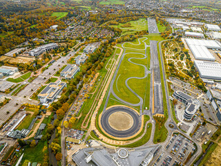 Aerial view of motor racing circuit and in Brooklands near Weybridge in Surrey, England