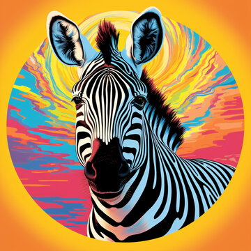 A zebra in front of a sunset flat design vector style illustration