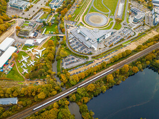 Aerial view of motor racing circuit and in Brooklands near Weybridge in Surrey, England